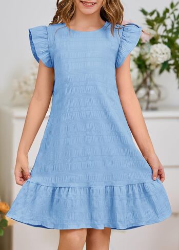 YOVION Girls Summer Boho Flutter Sleeve Ruffle Tiered Swing Casual Sundress with Pockets for 6-12 Y in Kuwait