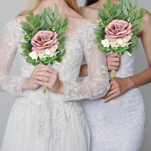 Bridesmaids Bouquets Flowers Set of 4 -Artificial Bridesmaid Bouquet Wedding 7 Inch Rustic Small Floral Centerpiece for Marriage Proposal Party Anniversary Dining Table Decor - Green & Dusty Blue in Saudi Arabia