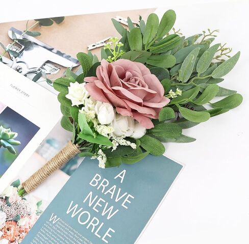 Bridesmaids Bouquets Flowers Set of 4 -Artificial Bridesmaid Bouquet Wedding 7 Inch Rustic Small Floral Centerpiece for Marriage Proposal Party Anniversary Dining Table Decor - Green & Dusty Blue in Saudi Arabia