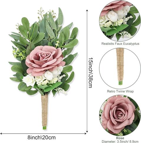 Bridesmaids Bouquets Flowers Set of 4 -Artificial Bridesmaid Bouquet Wedding 7 Inch Rustic Small Floral Centerpiece for Marriage Proposal Party Anniversary Dining Table Decor - Green & Dusty Blue in Saudi Arabia