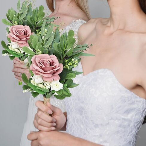 Bridesmaids Bouquets Flowers Set of 4 -Artificial Bridesmaid Bouquet Wedding 7 Inch Rustic Small Floral Centerpiece for Marriage Proposal Party Anniversary Dining Table Decor - Green & Dusty Blue in Saudi Arabia