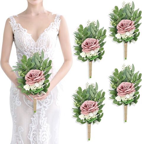 Bridesmaids Bouquets Flowers Set of 4 -Artificial Bridesmaid Bouquet Wedding 7 Inch Rustic Small Floral Centerpiece for Marriage Proposal Party Anniversary Dining Table Decor - Green & Dusty Blue in Saudi Arabia
