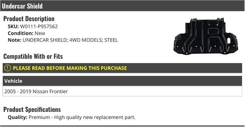 Lower Undercar Engine Shield - Steel - Compatible with 2005-2019 Nissan Frontier 4WD in Saudi Arabia