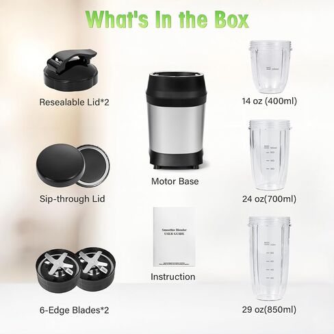 Nahida Blender for Smoothies, 1200W Smoothie Blender for Ice Crushing, Blenders with (2) 6-Fin Blades, Personal Blenders for Kitchen with 23oz, 32oz, 37oz Easy Go Cups for Juices, Silver in Kuwait