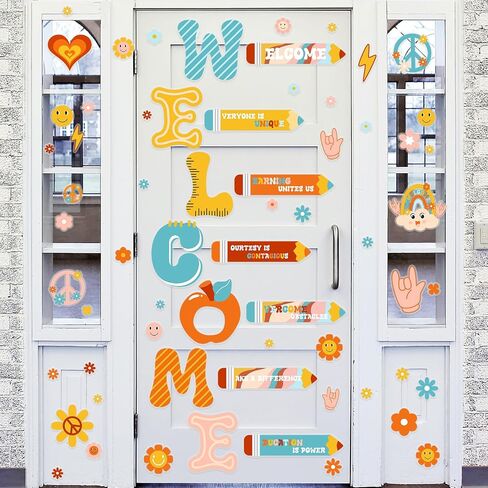 Cholemy 9 Sheets Retro إلى School Window Clings Bulletin Board Poard ملصقات باب Groovy Rainbow موضوع ترحيب شارات زجاجية للزجاج لليوم الأول من روضة الأطفال مرحلة ما قبل المدرسة. in Saudi Arabia