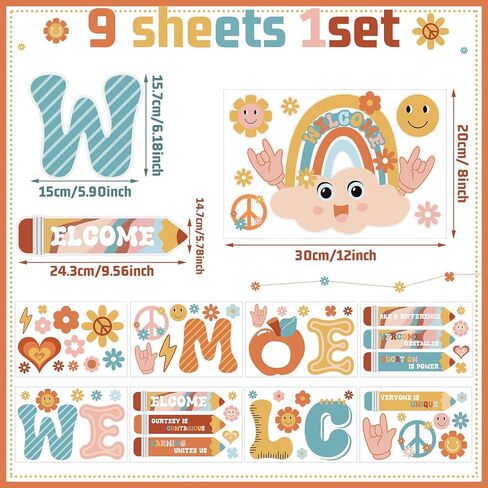 Cholemy 9 Sheets Retro إلى School Window Clings Bulletin Board Poard ملصقات باب Groovy Rainbow موضوع ترحيب شارات زجاجية للزجاج لليوم الأول من روضة الأطفال مرحلة ما قبل المدرسة. in Saudi Arabia