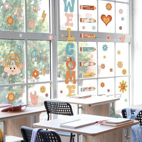 Cholemy 9 Sheets Retro إلى School Window Clings Bulletin Board Poard ملصقات باب Groovy Rainbow موضوع ترحيب شارات زجاجية للزجاج لليوم الأول من روضة الأطفال مرحلة ما قبل المدرسة. in Saudi Arabia