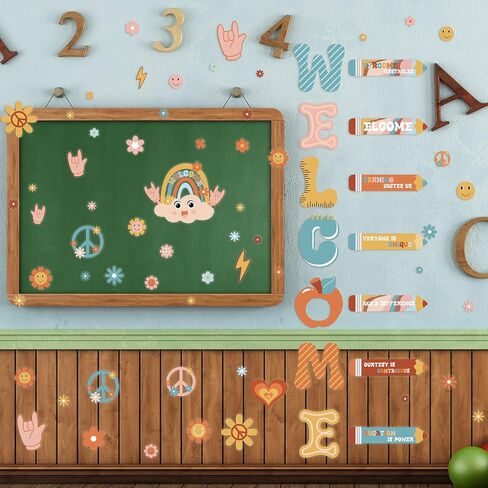Cholemy 9 Sheets Retro إلى School Window Clings Bulletin Board Poard ملصقات باب Groovy Rainbow موضوع ترحيب شارات زجاجية للزجاج لليوم الأول من روضة الأطفال مرحلة ما قبل المدرسة. in Saudi Arabia