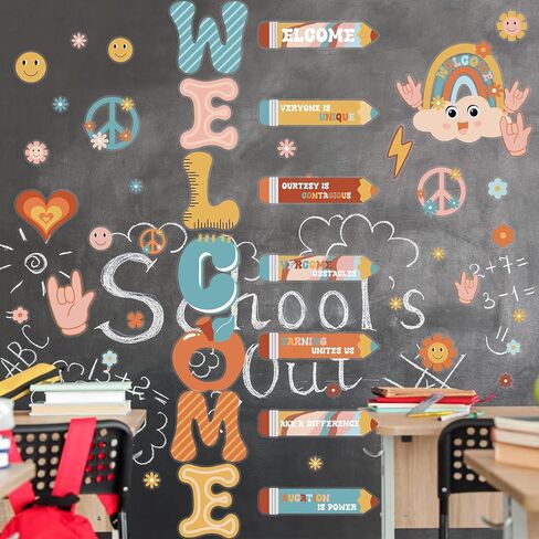 Cholemy 9 Sheets Retro إلى School Window Clings Bulletin Board Poard ملصقات باب Groovy Rainbow موضوع ترحيب شارات زجاجية للزجاج لليوم الأول من روضة الأطفال مرحلة ما قبل المدرسة. in Saudi Arabia