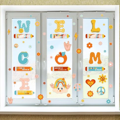 Cholemy 9 Sheets Retro إلى School Window Clings Bulletin Board Poard ملصقات باب Groovy Rainbow موضوع ترحيب شارات زجاجية للزجاج لليوم الأول من روضة الأطفال مرحلة ما قبل المدرسة. in Saudi Arabia