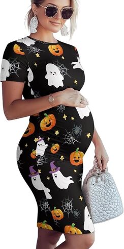 Maternity Short Sleeve Smocked Dress - Elegant Crew Neck - Comfortable Pregnancy Dress for Baby Showers & More in Saudi Arabia