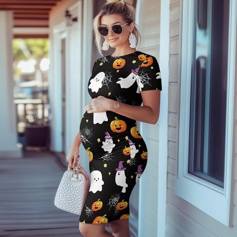 Maternity Short Sleeve Smocked Dress - Elegant Crew Neck - Comfortable Pregnancy Dress for Baby Showers & More in Saudi Arabia