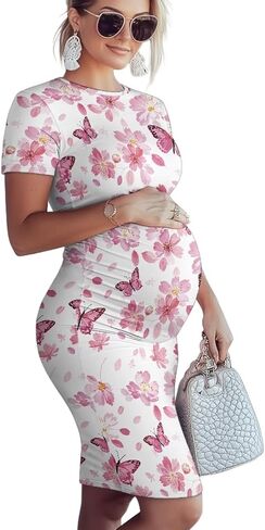 Maternity Short Sleeve Smocked Dress - Elegant Crew Neck - Comfortable Pregnancy Dress for Baby Showers & More in Saudi Arabia