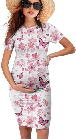 Maternity Short Sleeve Smocked Dress - Elegant Crew Neck - Comfortable Pregnancy Dress for Baby Showers & More in Saudi Arabia