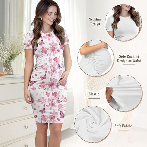 Maternity Short Sleeve Smocked Dress - Elegant Crew Neck - Comfortable Pregnancy Dress for Baby Showers & More in Saudi Arabia