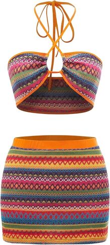 Wdirara Women's 2 قطعة متبكّمة Boho Geo Print Halter Top and Bodycon Mini Skirt in Kuwait