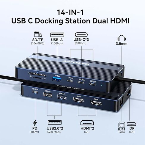 ANYOYO USB C Docking Station Dual Monitor, Laptop Docking Station 3 Monitors, with 2HDMI +DP 4K@60Hz,3*USB -C 3.1+2*USB- A3.1 10Gbps,PD100 SD/TF 3.0, Audio for HP,Dell, Lenovo (Gray) in Kuwait