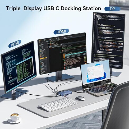 ANYOYO USB C Docking Station Dual Monitor, Laptop Docking Station 3 Monitors, with 2HDMI +DP 4K@60Hz,3*USB -C 3.1+2*USB- A3.1 10Gbps,PD100 SD/TF 3.0, Audio for HP,Dell, Lenovo (Gray) in Kuwait
