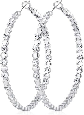 OOOPEL Heart Cubic Zirconia Large Hoop Earrings for Womens 925 Silver 14k Gold Plated Hypoallergenic Rhinestone Hoops Earring Sparkly Jewelry Gift 30/40/50/60mm in Kuwait
