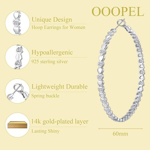 OOOPEL Heart Cubic Zirconia Large Hoop Earrings for Womens 925 Silver 14k Gold Plated Hypoallergenic Rhinestone Hoops Earring Sparkly Jewelry Gift 30/40/50/60mm in Kuwait