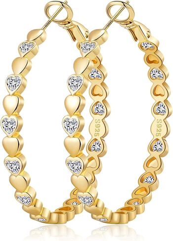 OOOPEL Heart Cubic Zirconia Large Hoop Earrings for Womens 925 Silver 14k Gold Plated Hypoallergenic Rhinestone Hoops Earring Sparkly Jewelry Gift 30/40/50/60mm in Kuwait