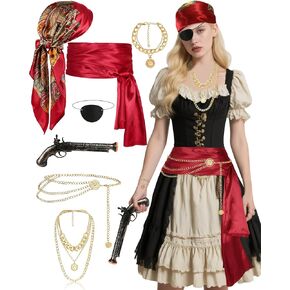 مجموعة ملحقات القراصنة للسيدات - باندانا القراصنة ، حزام وشاح أحمر ، مجوهرات ذهبية ، رقعة العين لأزياء القراصنة in Kuwait