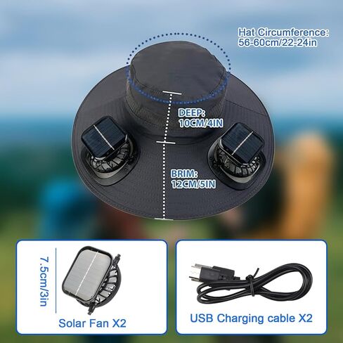 Men's Wide Brim Solar Fan Outdoor Fishing Hat, Wide Brim Solar Fan Outdoor Fishing Hat with 2 Solar Fan, Solar Fan Outdoor Fishing Hat Black in Saudi Arabia