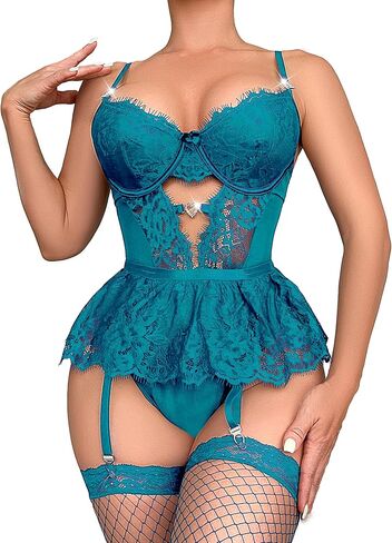 Women Lingerie Set Naughty Lace Bodysuit High Waisted Underwire Lingerie Babydoll With Garter Belt and Stockings in Kuwait