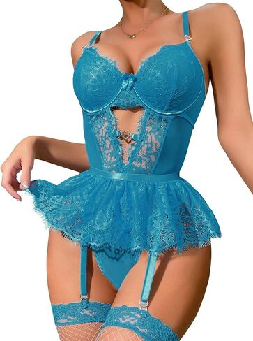 Women Lingerie Set Naughty Lace Bodysuit High Waisted Underwire Lingerie Babydoll With Garter Belt and Stockings in Kuwait