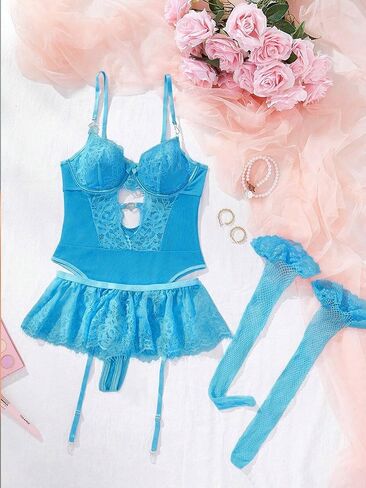 Women Lingerie Set Naughty Lace Bodysuit High Waisted Underwire Lingerie Babydoll With Garter Belt and Stockings in Kuwait