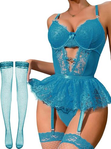 Women Lingerie Set Naughty Lace Bodysuit High Waisted Underwire Lingerie Babydoll With Garter Belt and Stockings in Kuwait