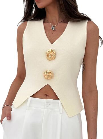 Verdusa Women's Split Old Money Sweaters V Neck Metal Asymmetrical Sleeveless Knit Tops in Kuwait