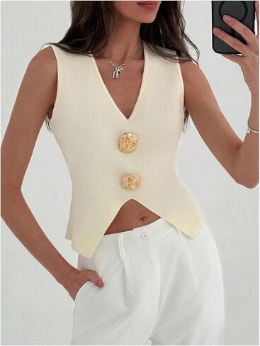 Verdusa Women's Split Old Money Sweaters V Neck Metal Asymmetrical Sleeveless Knit Tops in Kuwait