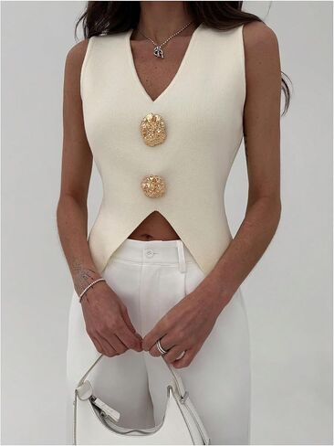 Verdusa Women's Split Old Money Sweaters V Neck Metal Asymmetrical Sleeveless Knit Tops in Kuwait