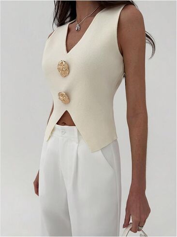 Verdusa Women's Split Old Money Sweaters V Neck Metal Asymmetrical Sleeveless Knit Tops in Kuwait