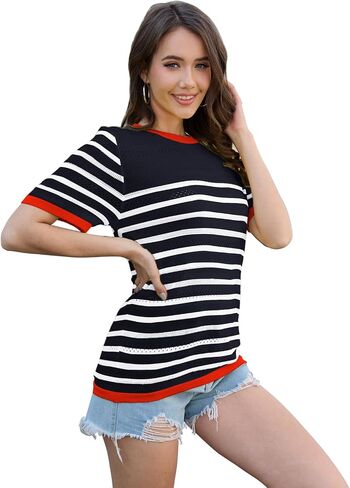 ancapelion المرأة القصيرة الأكمام سترة أعلى مخطط متماسكة الرقبة الرقبة pullover لقمصان الصيف العصرية in Kuwait