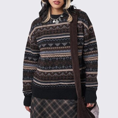 Women Vintage Striped Pullover Sweater Y2k Long Sleeve Crew Neck Loose Knit Sweaters Fall Winter Knitwear in Saudi Arabia