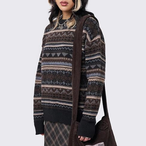 Women Vintage Striped Pullover Sweater Y2k Long Sleeve Crew Neck Loose Knit Sweaters Fall Winter Knitwear in Saudi Arabia