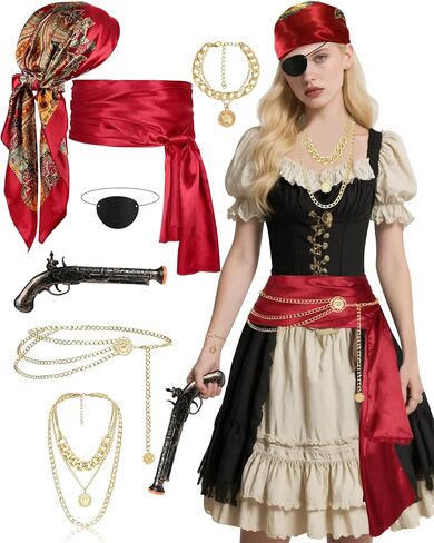 مجموعة ملحقات القراصنة للسيدات - باندانا القراصنة ، حزام وشاح أحمر ، مجوهرات ذهبية ، رقعة العين لأزياء القراصنة in Kuwait