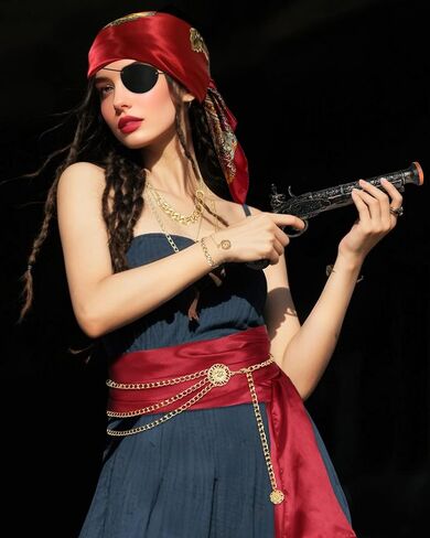 مجموعة ملحقات القراصنة للسيدات - باندانا القراصنة ، حزام وشاح أحمر ، مجوهرات ذهبية ، رقعة العين لأزياء القراصنة in Kuwait