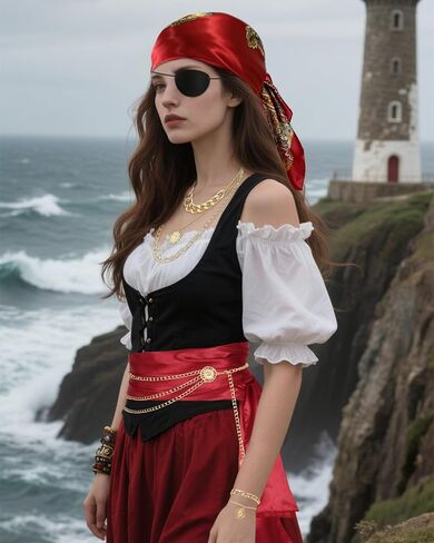 مجموعة ملحقات القراصنة للسيدات - باندانا القراصنة ، حزام وشاح أحمر ، مجوهرات ذهبية ، رقعة العين لأزياء القراصنة in Kuwait