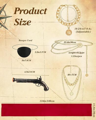 مجموعة ملحقات القراصنة للسيدات - باندانا القراصنة ، حزام وشاح أحمر ، مجوهرات ذهبية ، رقعة العين لأزياء القراصنة in Kuwait