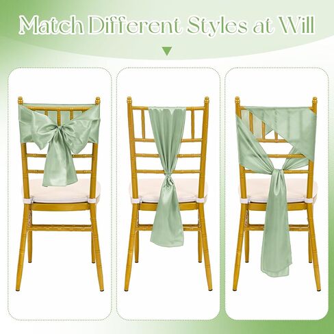60 PCS Sage Green Satin Chair Sashes أقواس كرسي عالمية تغطية الفرقة الخلفية أقواس كرسي لأقواس الحفلات لحفل حفل الزفاف ديكور الحدث (7 × 78 بوصة) in Kuwait