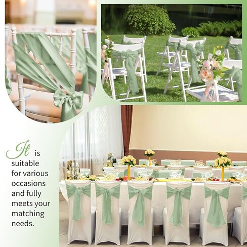 60 PCS Sage Green Satin Chair Sashes أقواس كرسي عالمية تغطية الفرقة الخلفية أقواس كرسي لأقواس الحفلات لحفل حفل الزفاف ديكور الحدث (7 × 78 بوصة) in Kuwait