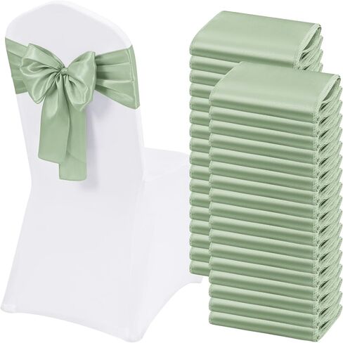 60 PCS Sage Green Satin Chair Sashes أقواس كرسي عالمية تغطية الفرقة الخلفية أقواس كرسي لأقواس الحفلات لحفل حفل الزفاف ديكور الحدث (7 × 78 بوصة) in Kuwait