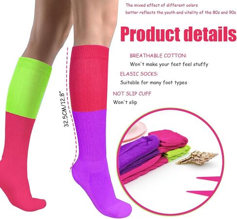 Neon Socks for Women 80s Neon Slouch Socks Women's Leg Warmers Slouch Long Scrunch Knee Sock 80S Neon Outfit in Saudi Arabia