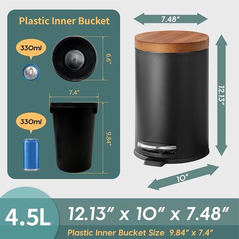 غطاء من الخيزران من SunnyPoint Elite بسعة 4.5 لتر / 1.2 جالون مع دلو داخلي بلاستيكي؛ الحمام والمكتب والمطبخ وغرفة النوم خطوة بخطوة وإغلاق بطيء (أسود) in Saudi Arabia