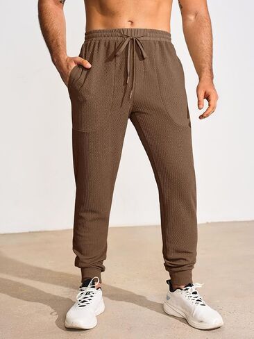 Yousify Mens Sweatpants Athletic Elastic Waist Drawstring Gym Joggers Stretchy Textured Tapered Pants in Saudi Arabia