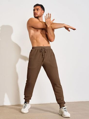 Yousify Mens Sweatpants Athletic Elastic Waist Drawstring Gym Joggers Stretchy Textured Tapered Pants in Saudi Arabia