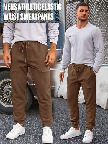 Yousify Mens Sweatpants Athletic Elastic Waist Drawstring Gym Joggers Stretchy Textured Tapered Pants in Saudi Arabia